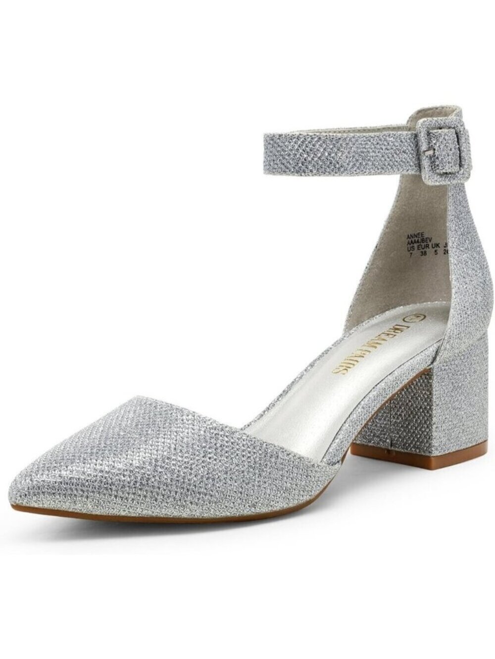 Dream Pairs Women's Silver Pointed Toe Closed Toe Low Block Ankle Strap Heels